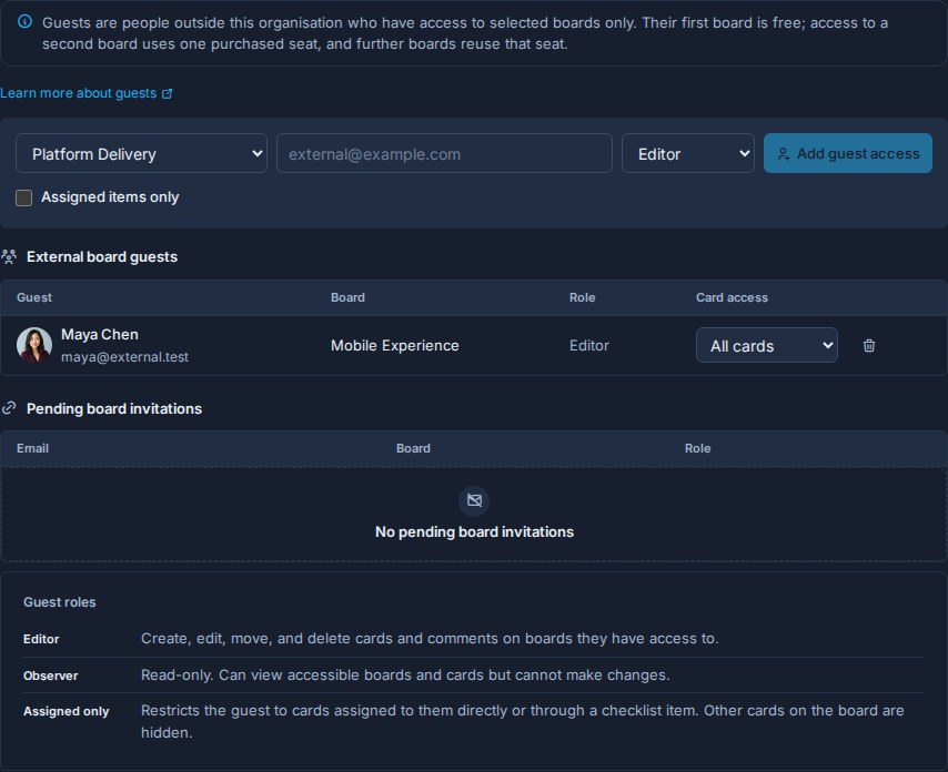 Kanera workspace guest settings listing an external board guest with an Editor role and the guest role reference