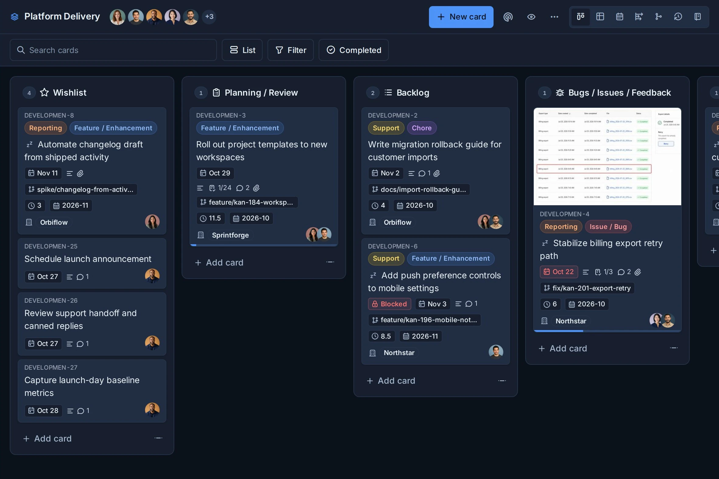 Kanera Platform Delivery board with cards organized into shared lists and custom labels